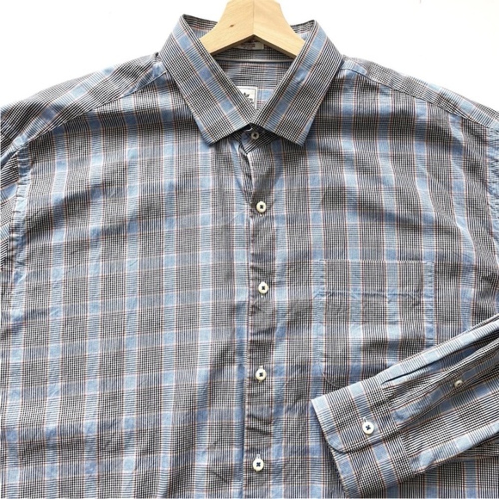Peter Millar Navy Blue Checkered Cotton Long Sleeve Button Up Shirt Men 2XL